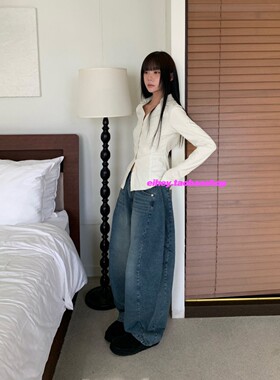 eihey诶嘿雅痞阔腿裤水洗磨白深蓝色宽松时尚慵懒风高腰牛仔裤女