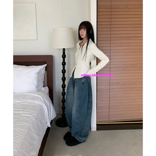 eihey诶嘿雅痞阔腿裤水洗磨白深蓝色宽松时尚慵懒风高腰牛仔裤女