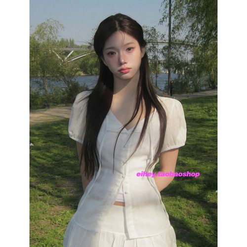 eihey诶嘿夏季飘带圆领泡泡袖衬衫系带收腰甜美显瘦百搭短袖上衣