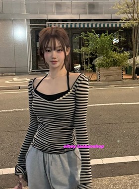 eihey诶嘿修身条纹韩系V领长袖纯欲上衣设计感气质小个子打底衫女