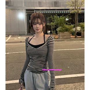 eihey诶嘿修身条纹韩系V领长袖纯欲上衣设计感气质小个子打底衫女