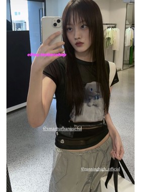 eihey诶嘿夏季薄款微透可爱印花短袖T恤设计感收腰修身辣妹风上衣