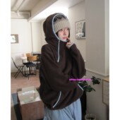 eihey诶嘿早春拼色斜领拉链卫衣女软糯摇粒绒保暖宽松连帽上衣女