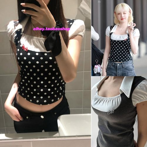 eihey诶嘿甜酷小方领泡泡袖拼接短袖T恤纯欲风辣妹修身短款上衣女