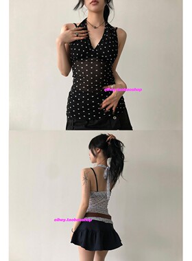 eihey诶嘿日系轻亚y2k复古波点V领性感挂脖绑带可叠穿背心吊带女
