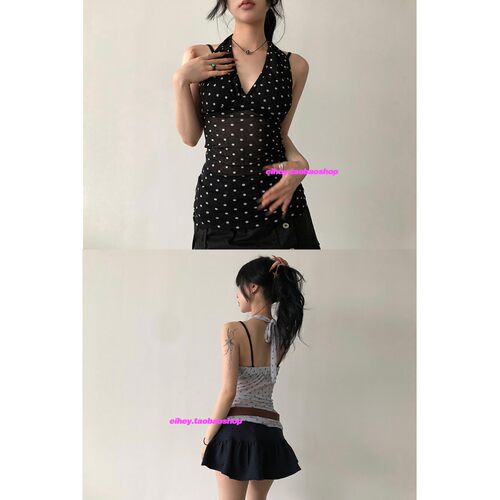 eihey诶嘿日系轻亚y2k复古波点V领性感挂脖绑带可叠穿背心吊带女