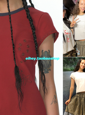 eihey诶嘿夏季短袖修身显瘦星星刺绣撞色百搭韩系休闲圆领T恤上衣