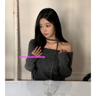 eihey诶嘿露肩不规则短款系带坑条毛衣女叠穿韩系小众设计感上衣