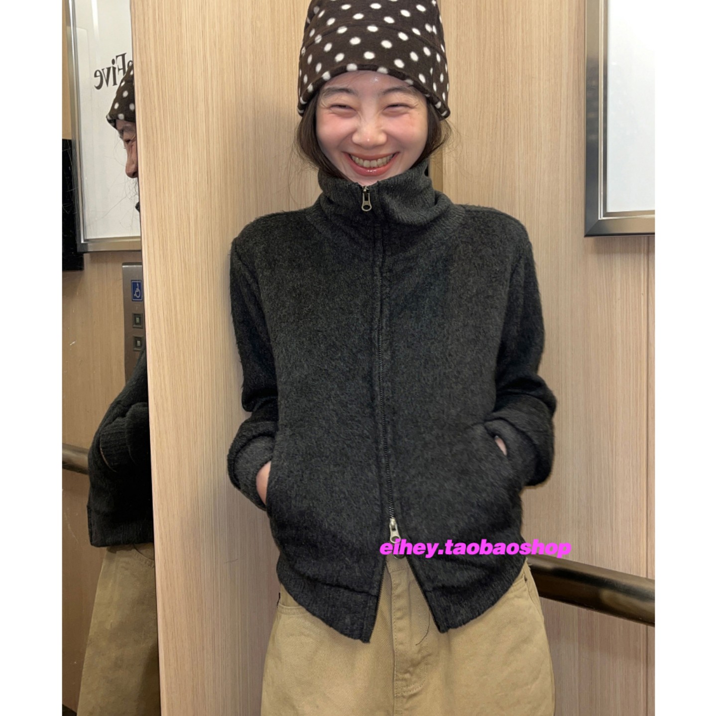 eihey诶嘿2025秋冬休闲风立领双拉链卫衣开衫显瘦短款上衣外套女