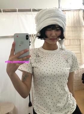 eihey诶嘿夏季复古可爱兔子印花五角爱心波点印花正肩修身短袖T恤