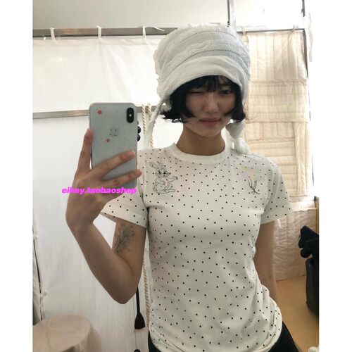 eihey诶嘿夏季复古可爱兔子印花五角爱心波点印花正肩修身短袖T恤