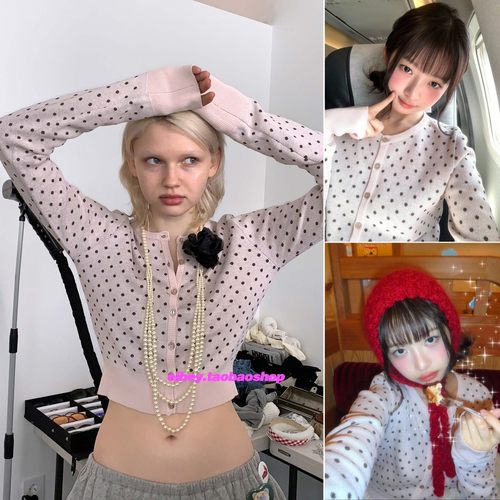 eihey诶嘿早春新款甜美元气波点针织开衫女修身毛衣显瘦长袖上衣