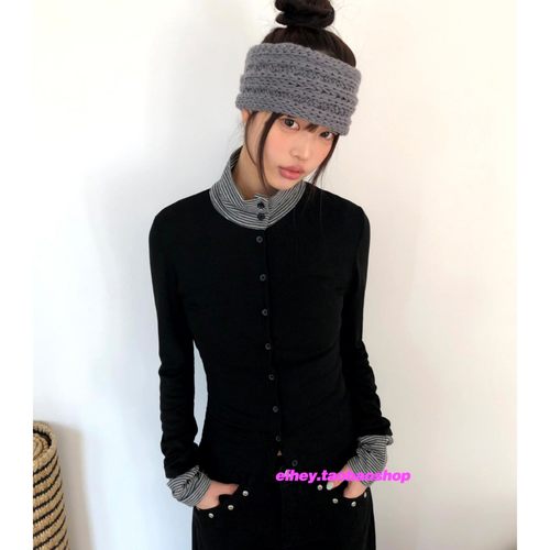 eihey诶嘿韩系假两件条纹拼接长袖T恤女冬季修身半高领开衫打底女