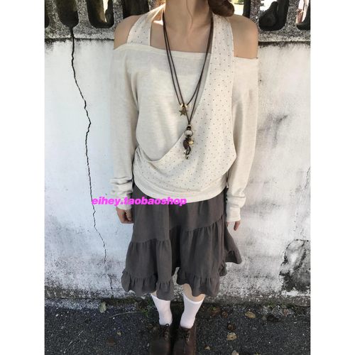eihey诶嘿秋季街头波点拼接不规则挂脖百搭一字露肩长袖T恤上衣女