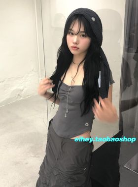 eihey诶嘿褶皱方领针织胸衣造型裁剪修身短款T恤百搭纯色上衣女