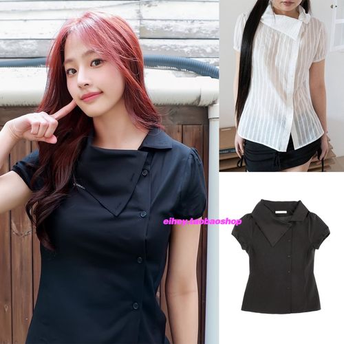 eihey诶嘿夏季新款不对称翻领垂坠领泡泡袖百搭时尚短袖衬衫上衣