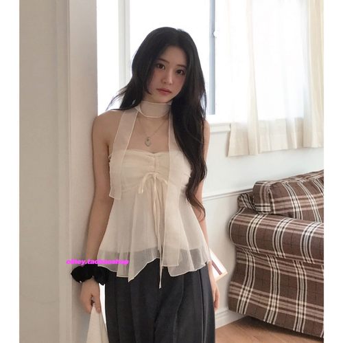 eihey诶嘿纯欲少女清透感网纱拼接抽绳系带抹胸短款上衣女含飘带