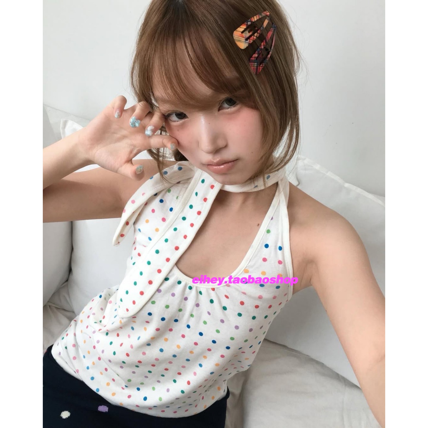 eihey诶嘿日系轻亚y2k彩色波点V领性感挂脖绑带可叠穿背心吊带女