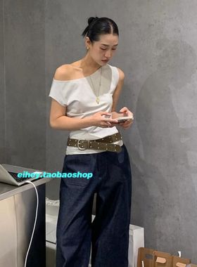 eihey诶嘿简约不规则斜肩性感露肩休闲百搭显瘦修身短袖T恤上衣女
