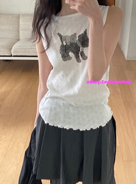 eihey诶嘿26夏棉质小狗印花背心通勤简约爱心镂空花边无袖上衣女