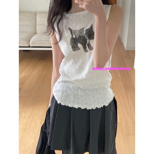 eihey诶嘿26夏棉质小狗印花背心通勤简约爱心镂空花边无袖上衣女