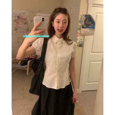 eihey诶嘿夏季甜美百搭波点显瘦减龄泡泡袖短款翻领短袖衬衫上衣