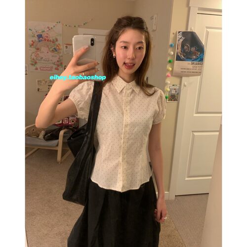 eihey诶嘿夏季甜美百搭波点显瘦减龄泡泡袖短款翻领短袖衬衫上衣