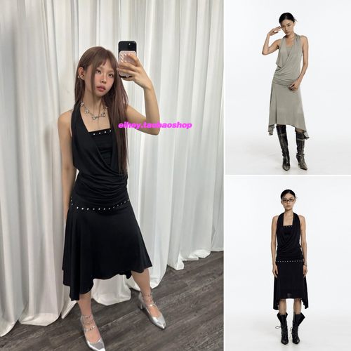 eihey诶嘿25夏季新款复古纯欲抹胸铆钉垂坠挂脖上衣半身裙两件套