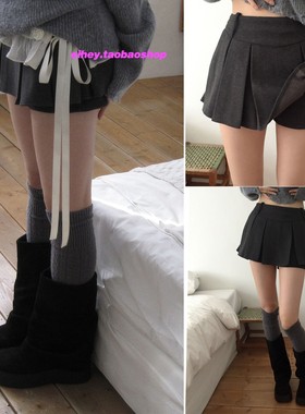 eihey诶嘿秋冬韩系百搭显瘦百褶A字裙裤半身短裙女蕾丝木耳边裙帘