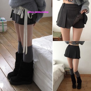 eihey诶嘿秋冬韩系百搭显瘦百褶A字裙裤 半身短裙女蕾丝木耳边裙帘