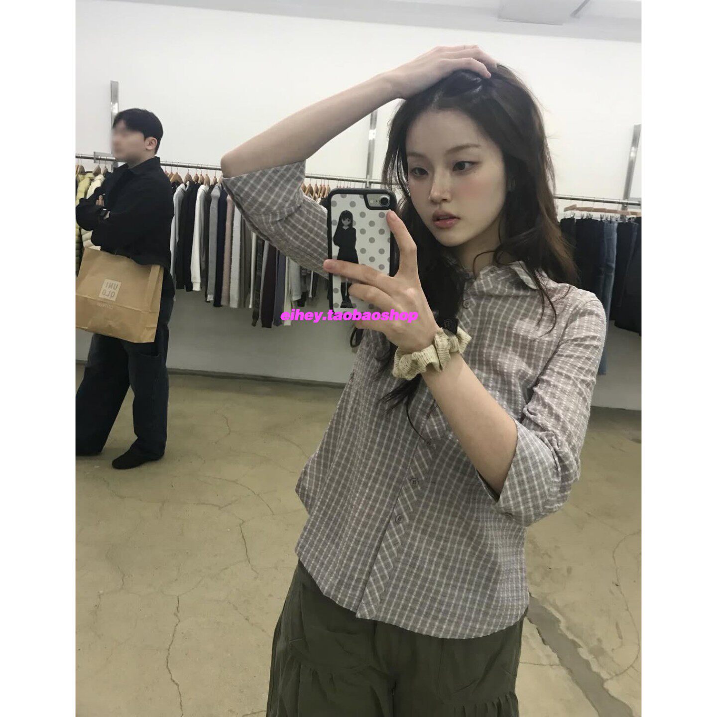eihey诶嘿复古韩系文艺风纽扣收腰格纹显瘦百搭七分袖衬衫上衣女