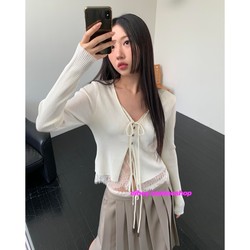 eihey诶嘿2026年新款假两件拼接蕾丝荷叶边针织开衫辣妹风上衣女