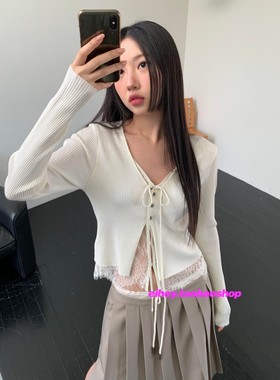 eihey诶嘿2026年新款假两件拼接蕾丝荷叶边针织开衫辣妹风上衣女