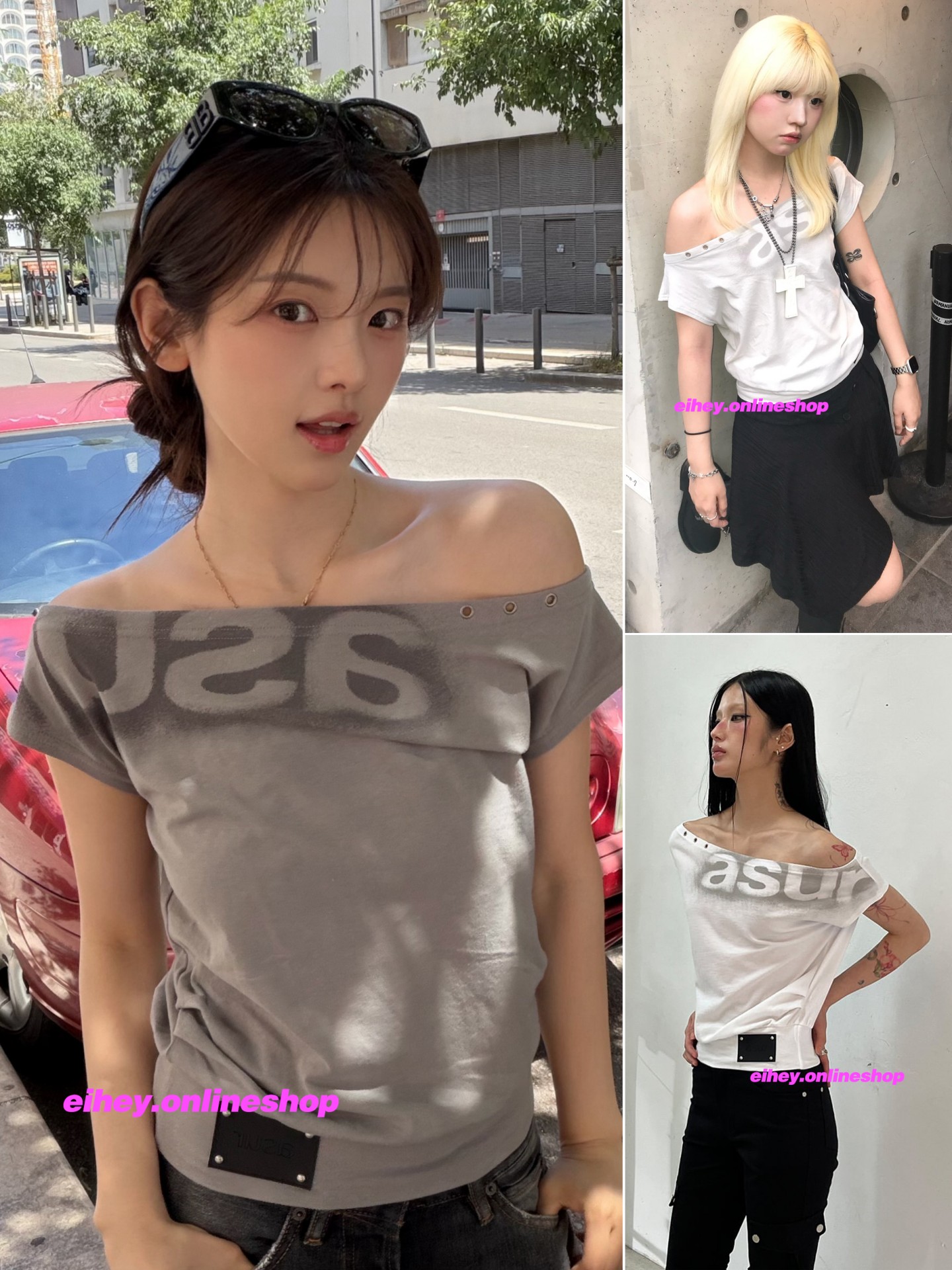 eihey เสื้อยืดแขนสั้นลายตัวอักษรไล่สี คอปาด เปิดไหล่ ทรงสลิมฟิต สไตล์เกาหลี แมตช์ลุคง่าย รุ่นเดียวกับหยางเฉาเยว่