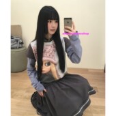 eihey诶嘿26早春新款 假两件拼接条纹正肩T恤上衣 卡通娃娃印花长袖