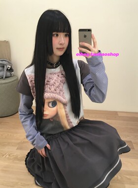 eihey诶嘿26早春新款卡通娃娃印花长袖假两件拼接条纹正肩T恤上衣