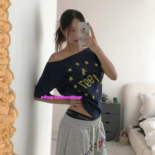 eihey诶嘿秋季美式复古斜肩短袖T恤女休闲宽松辣妹露肩显瘦上衣女