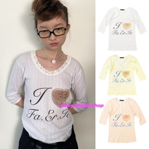 eihey诶嘿秋季小众设计感卡通蕾丝拼接V领长袖T恤减龄少女感上衣