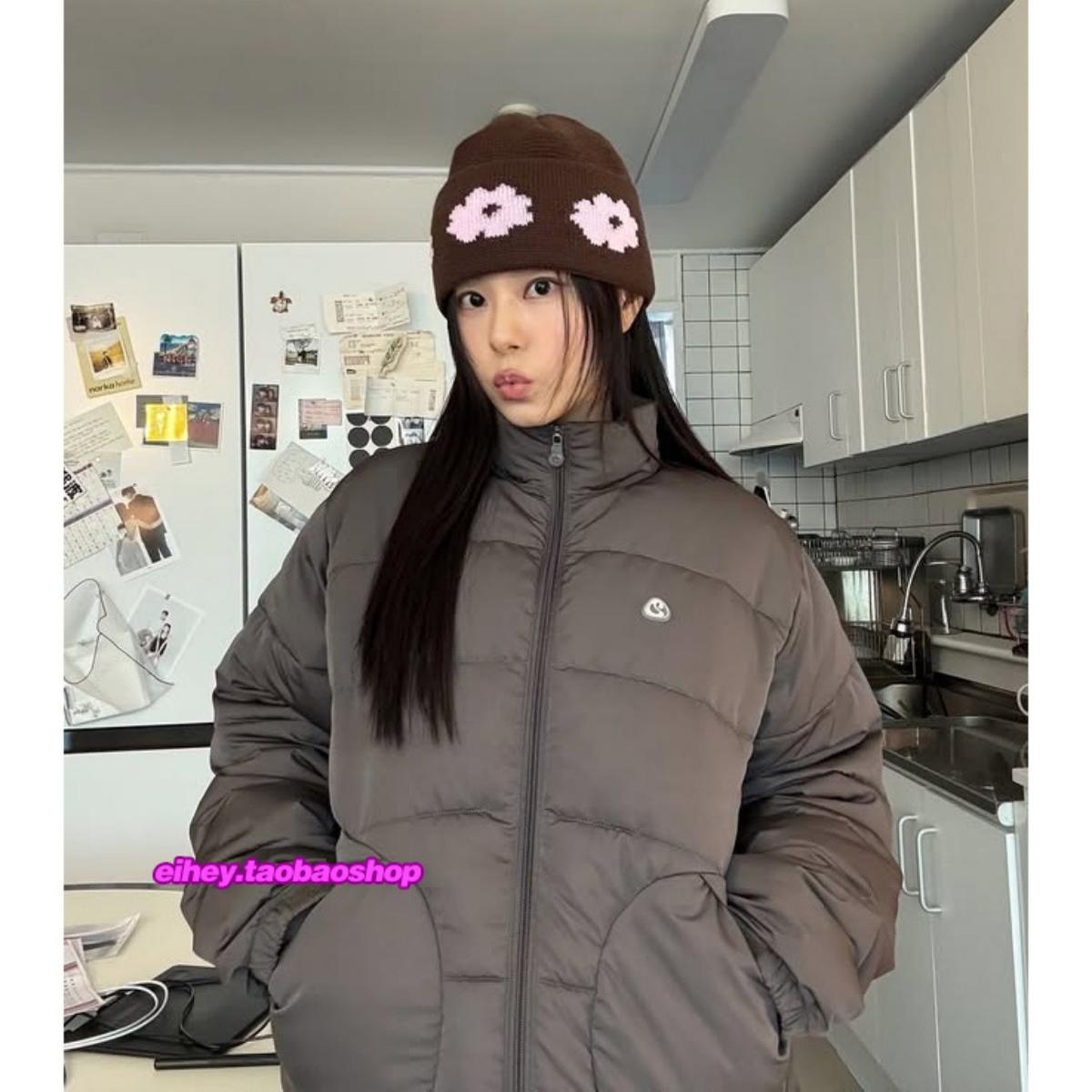 现eihey诶嘿新款复古圆弧形口袋立领保暖棉服面包服拉链短外套女