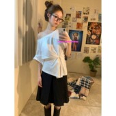 女收腰显瘦褶皱法式 eihey诶嘿不规则侧扣斜肩短袖 衬衫 高级T恤上衣