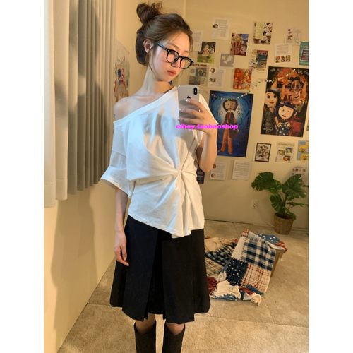 eihey诶嘿不规则侧扣斜肩短袖衬衫女收腰显瘦褶皱法式高级T恤上衣
