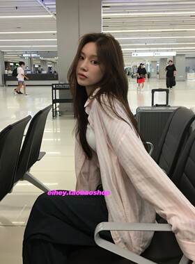 eihey诶嘿早春竖条纹长袖防晒衬衫开衫外套女宽松法式薄款衬衣女