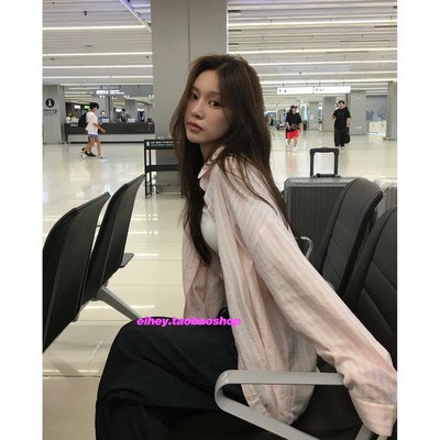 eihey诶嘿早秋竖条纹长袖防晒衬衫开衫外套女宽松法式薄款衬衣女