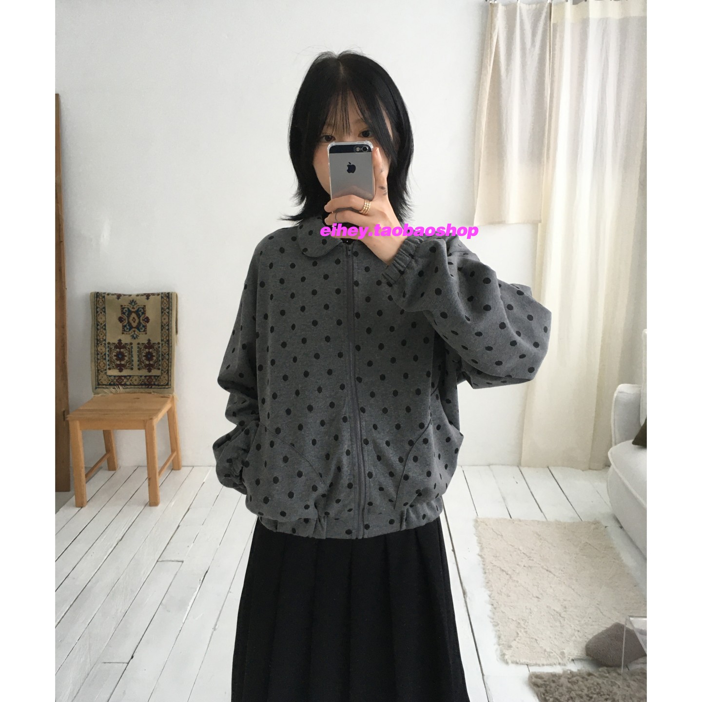 eihey诶嘿秋冬复古波点娃娃领可爱轻亚宽松翻领休闲百搭拉链外套