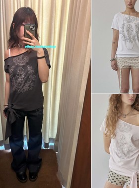 eihey诶嘿26夏新款露肩印花短袖T恤韩国设计同款不对称绑带上衣女