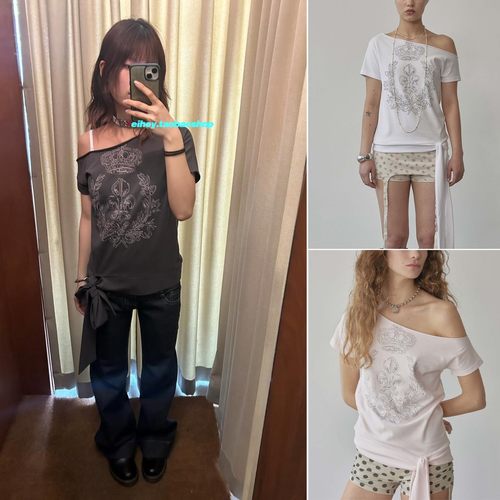 eihey诶嘿25夏新款露肩印花短袖T恤韩国设计同款不对称绑带上衣女