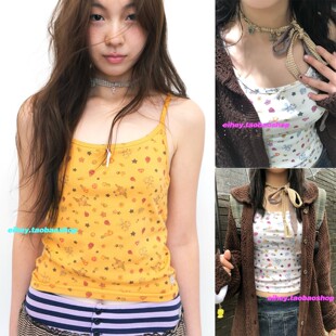 eihey诶嘿小众ins辣妹修身吊带卡通兔兔印花碎花蕾丝蝴蝶结背心女