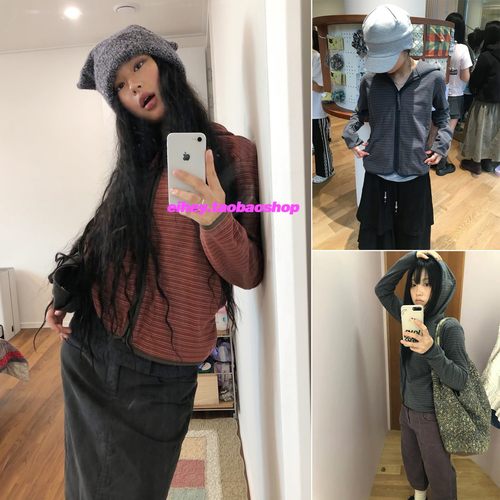 eihey诶嘿复古拼色条纹减龄日系连帽外套百搭拉链休闲连帽卫衣女