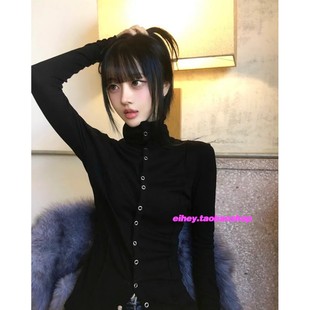 上衣 长袖 eihey诶嘿秋冬高领复古针织打底衫 黑色设计感单排扣修身