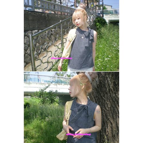 eihey诶嘿法式蝴蝶结系带无袖格子衬衫女夏季新款别致小衫上衣女